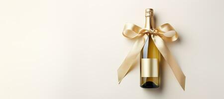 AI generated Generative AI, Beige champagne bottle mockup with bow on beige background photo