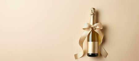 AI generated Generative AI, Beige champagne bottle mockup with bow on beige background photo