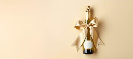 AI generated Generative AI, Beige champagne bottle mockup with bow on beige background photo