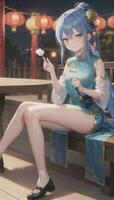 ai generado linda anime niña personaje vistiendo chino cheongsam zansae qipao mandarín vestido para visual novela festival antecedentes foto