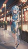 AI generated Cute Anime Girl Character Wearing Chinese Cheongsam Zansae Qipao Mandarin Gown for Visual Novel Festival Background photo