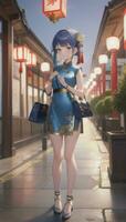 AI generated Cute Anime Girl Character Wearing Chinese Cheongsam Zansae Qipao Mandarin Gown for Visual Novel Festival Background photo
