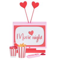 Valentine's movie night TV and Snacks on transparent background, 3D rendering png