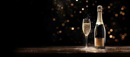 AI generated Generative AI, Golden champagne bottle mockup with glass on dark background, golden lights and confetti photo
