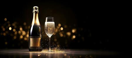 AI generated Generative AI, Golden champagne bottle mockup with glass on dark background, golden lights and confetti photo