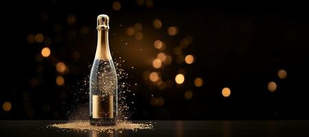 AI generated Generative AI, Golden champagne bottle mockup with glass on dark background, golden lights and confetti photo