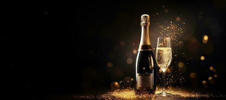 AI generated Generative AI, Golden champagne bottle mockup with glass on dark background, golden lights and confetti photo