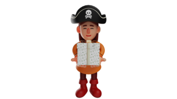 3d ilustración. romántico pirata 3d dibujos animados personaje. linda pirata participación un caja de regalos. pirata será dar regalos a amigo ella cuidado acerca de. 3d dibujos animados personaje png