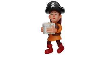 3d ilustração. fofa pirata 3d desenho animado personagem. pirata segurando presente caixa. uma pequeno menina participou dela amigos aniversário festa e ela trouxe uma presente. 3d desenho animado personagem png