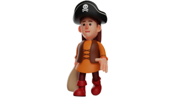 3d illustrazione. stanco pirata 3d cartone animato carattere. pirata trasporta un' sacco. poco pirata si fermò silenziosamente. pregiato ragazza indossare un' pirata costume completare con cappello e scarpe. 3d cartone animato personaggio png