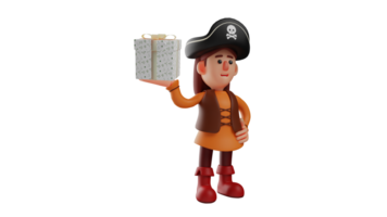3d illustratie. goedhartig piraat 3d tekenfilm karakter. de piraat houdt omhoog een geschenk doos. een mooi piraat wie zullen geven een geschenk naar zijn vrienden verjaardag. 3d tekenfilm karakter png
