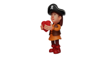 3D illustration. Romantic Woman 3D Cartoon Character. Women wear cool pirate costume. Pirate holding a red heart symbol. Beautiful pirate has a sweet smile. 3D cartoon character png