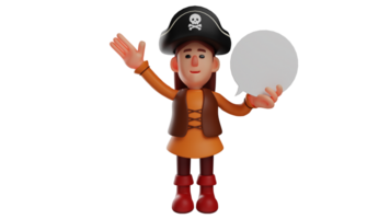 3d illustration. adorable fille 3d dessin animé personnage. peu fille portant une pirate costume. étudiant porter pirate costume à école événement. il détient le bulle propriété. 3d dessin animé personnage png