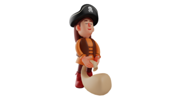 3d illustration. calme pirate 3d dessin animé personnage. le pirate mettre vers le bas le sac après en marchant une longue façon tandis que porter il. le peu pirate montré une calme expression. 3d dessin animé personnage png