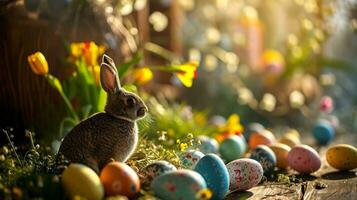 AI generated Cute bunny with colorful painted Easter eggs in the forest. Concept of happy Easter day. photo