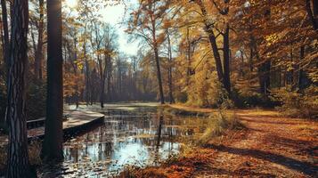 ai generado panorama de un increíble otoño escénico con lago paisaje foto