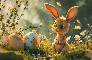 AI generated Cute bunny with colorful painted Easter eggs in the forest. Concept of happy Easter day. photo
