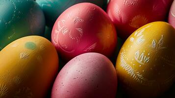 AI generated Brightly colored Easter eggs. Happy Easter concept. photo