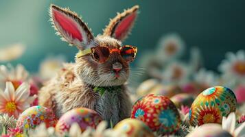 AI generated Hippie bunny with sunglasses with colorful painted Easter eggs. Concept of happy Easter day. photo