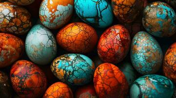 AI generated Brightly colored Easter eggs background. Top view. photo