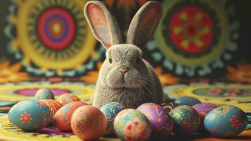 AI generated Hippie bunny with colorful painted Easter eggs. Concept of happy Easter day. photo