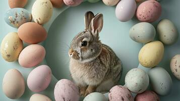 AI generated Cute bunny with colorful painted Easter eggs. Concept of happy Easter day. photo