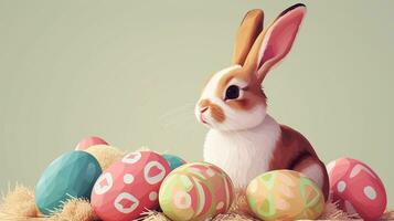 AI generated Cute bunny with colorful painted Easter eggs. Concept of happy Easter day. photo