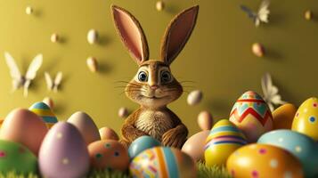 AI generated Charming bunny with colorful painted Easter eggs. Inspiration for Easter celebration. photo