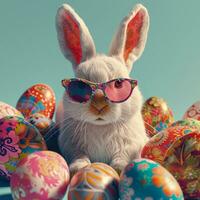 ai generado hippie conejito con Gafas de sol con vistoso pintado Pascua de Resurrección huevos. concepto de contento Pascua de Resurrección día. foto