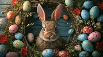 AI generated Adorable Easter bunny peeking out from its burrow. Celebrating the joy of Easter. photo