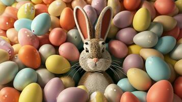 AI generated Lovely bunny with bright painted Easter eggs. Symbol of Easter happiness. photo