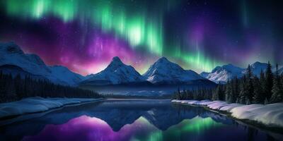 AI generated Generative AI, Green and pink northern lights above snowy mountains, winter landscape, aurora and reflection on the water surface photo