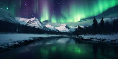 AI generated Generative AI, Green and pink northern lights above snowy mountains, winter landscape, aurora and reflection on the water surface photo