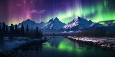 AI generated Generative AI, Green and pink northern lights above snowy mountains, winter landscape, aurora and reflection on the water surface photo