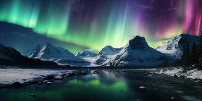 AI generated Generative AI, Green and pink northern lights above snowy mountains, winter landscape, aurora and reflection on the water surface photo