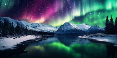 AI generated Generative AI, Green and pink northern lights above snowy mountains, winter landscape, aurora and reflection on the water surface photo