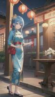 ai generado linda anime niña personaje vistiendo chino cheongsam zansae qipao mandarín vestido para visual novela festival antecedentes foto