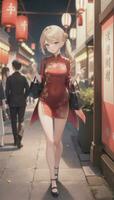 AI generated Cute Anime Girl Character Wearing Chinese Cheongsam Zansae Qipao Mandarin Gown for Visual Novel Festival Background photo