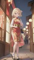 AI generated Cute Anime Girl Character Wearing Chinese Cheongsam Zansae Qipao Mandarin Gown for Visual Novel Festival Background photo