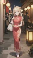 AI generated Cute Anime Girl Character Wearing Chinese Cheongsam Zansae Qipao Mandarin Gown for Visual Novel Festival Background photo