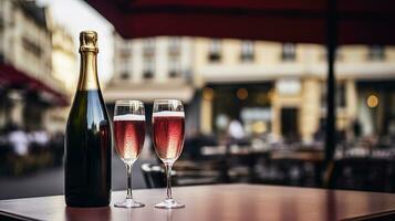 AI generated Generative AI, glass of champagne and bottle on wooden table with blur background with lights of street bar, cafe, coffee shop or restaurant, drink mock up photo