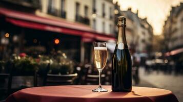 AI generated Generative AI, glass of champagne and bottle on wooden table with blur background with lights of street bar, cafe, coffee shop or restaurant, drink mock up photo