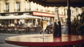 AI generated Generative AI, glass of champagne and bottle on wooden table with blur background with lights of street bar, cafe, coffee shop or restaurant, drink mock up photo