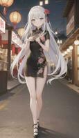 AI generated Cute Anime Girl Character Wearing Chinese Cheongsam Zansae Qipao Mandarin Gown for Visual Novel Festival Background photo