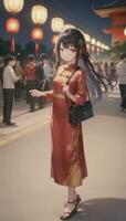 AI generated Cute Anime Girl Character Wearing Chinese Cheongsam Zansae Qipao Mandarin Gown for Visual Novel Festival Background photo