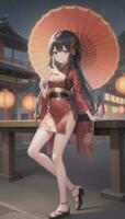 ai generado linda anime niña personaje vistiendo chino cheongsam zansae qipao mandarín vestido para visual novela festival antecedentes foto