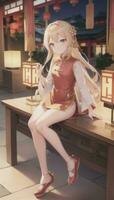 AI generated Cute Anime Girl Character Wearing Chinese Cheongsam Zansae Qipao Mandarin Gown for Visual Novel Festival Background photo