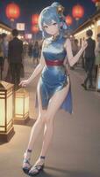 AI generated Cute Anime Girl Character Wearing Chinese Cheongsam Zansae Qipao Mandarin Gown for Visual Novel Festival Background photo