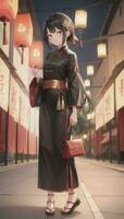 AI generated Cute Anime Girl Character Wearing Chinese Cheongsam Zansae Qipao Mandarin Gown for Visual Novel Festival Background photo