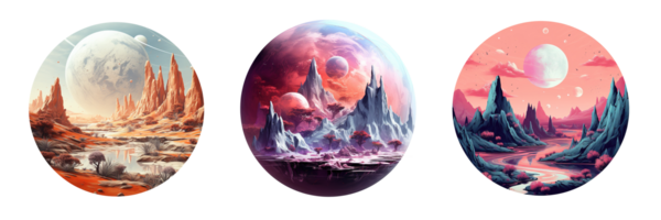 AI generated Generative AI, PNG set of 3 alien fantasy beautiful planet